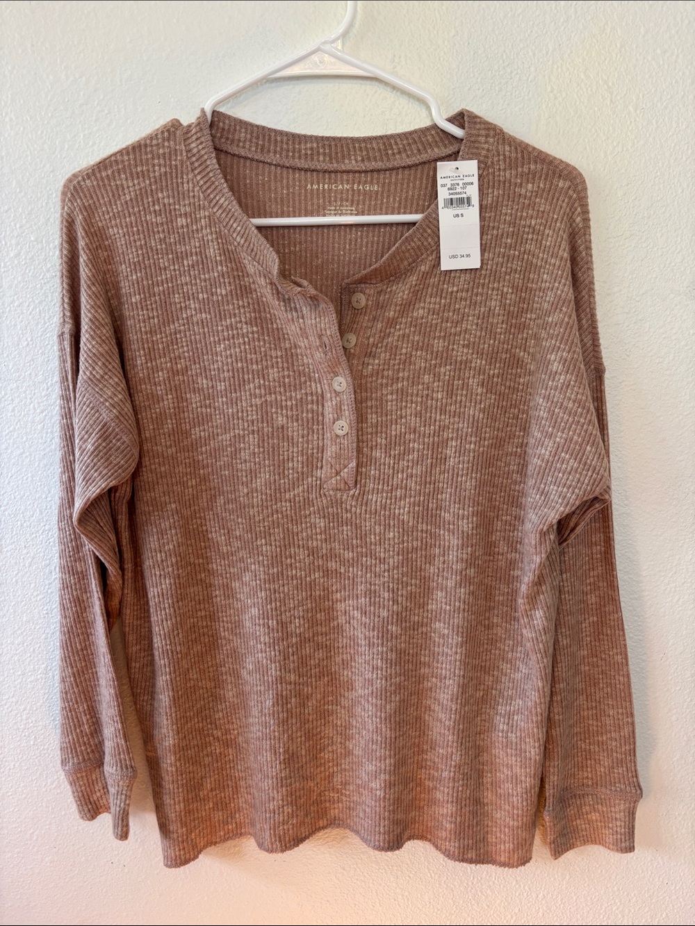 American Eagle Outfitters Mauve Ribbed Henley Top -635sku